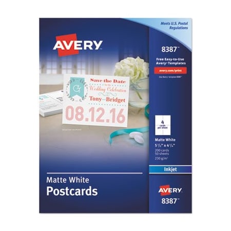 Avery Dennison Avery, Postcards For Inkjet Printers, 4 1/4 X 5 1/2, Matte White, 200PK 8387